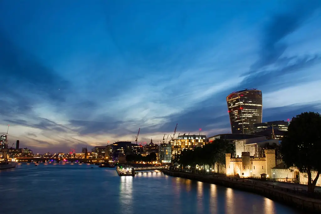 The Thames and the City of London at blue hour