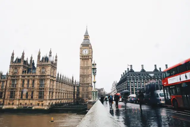 A rainy London street near Westminster